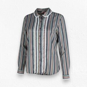 80s Vintage Retro Striped Lace Trim Pleated Collared Button Down Blouse Size 12